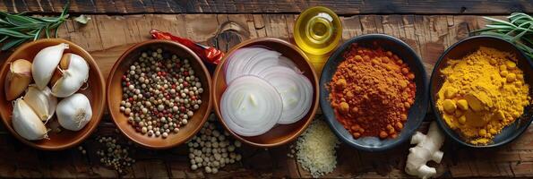 High-definition image of wooden kitchen table with ingredients including onions, fresh ginger, garlic, red chili powder, turmeric powder, top down view, photography photo