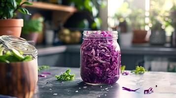 A jar filled with shredded red cabbage in brine placed on a kitchen counter for fermentation, picture photo