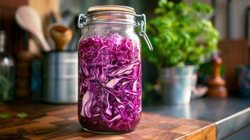 A jar filled with shredded red cabbage in brine placed on a kitchen counter for fermentation, photography photo