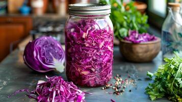 A jar filled with shredded red cabbage in brine placed on a kitchen counter for fermentation, photorealistic photo