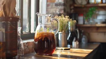 Large jug of dark brown kvass a traditional fermented drink made from bread on a counter, photo