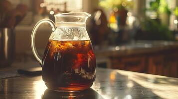 Large jug of dark brown kvass a traditional fermented drink made from bread on a counter, photorealistic photo