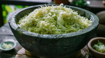 Stone crock of freshly shredded sauerkraut ready for fermentation, photorealistic photo