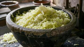 Stone crock of freshly shredded sauerkraut ready for fermentation, photo