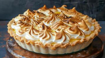 A lemon meringue pie with peaks of toasted meringue sitting atop a tangy lemon curd filling in a flaky crust, photorealistic photo