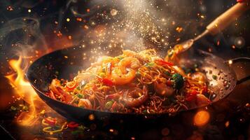A large wok filled with stir-fried noodles vegetables and shrimp glistening with a savory sauce under the streetlights, photography photo