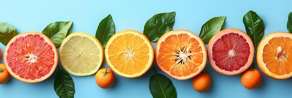 Line chart showing growth with oranges, grapefruit, and tangerines on light blue background, photorealistic photo