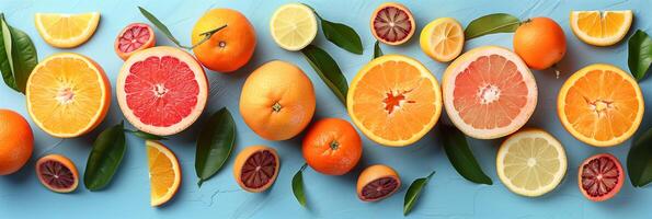 Line chart showing growth with oranges, grapefruit, and tangerines on light blue background, photography photo