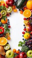 Lower border of fruits and vegetables on a white background, photo