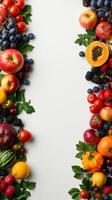 Lower border of fruits and vegetables on a white background, photo