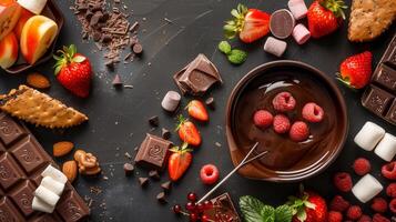 Luxurious chocolate fondue set with melted dark chocolate fruits marshmallows and biscuits for dipping, photorealistic photo