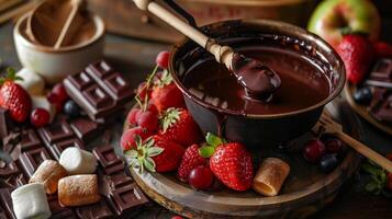 Luxurious chocolate fondue set with melted dark chocolate fruits marshmallows and biscuits for dipping, photography photo