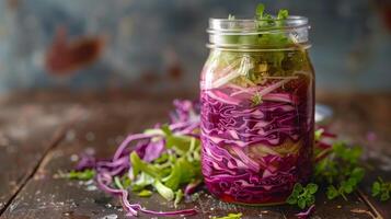 A mason jar with layers of purple and green cabbage submerged in brine slowly fermenting, photorealistic photo