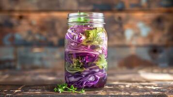 A mason jar with layers of purple and green cabbage submerged in brine slowly fermenting, picture photo
