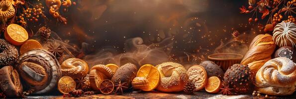 Bakery menu featuring breads, cookies, and desserts, styled in dark amber and orange tones, picture photo