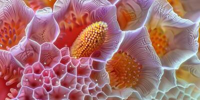 Microscopic image of pollen grain showing detailed outer texture and structure, photorealistic photo