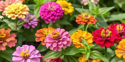 Mix of colorful zinnia flowers creating a vibrant patchwork in a sunny, well-tended flowerbed, picture photo