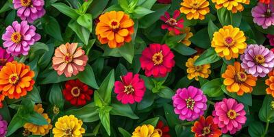 Mix of colorful zinnia flowers creating a vibrant patchwork in a sunny, well-tended flowerbed, photo