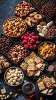 Snacking report, featuring diverse snacks, photography photo