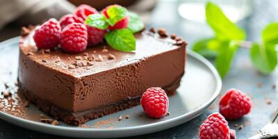 Low-carb chocolate cheesecake slice garnished with raspberry and mint leaf, photorealistic photo