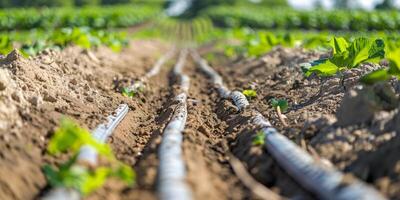 Network of buried drip irrigation lines in a cultivated field, distributing water efficiently to plants, photorealistic photo