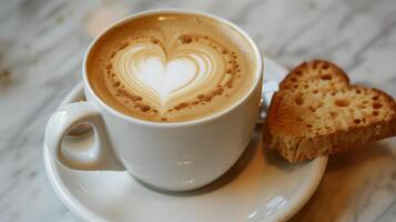 Perfectly brewed cappuccino with heart-shaped latte art in a white ceramic cup with biscotti, photo