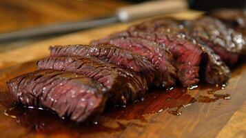 A perfectly cooked medium-rare steak sliced thinly and displayed on a cutting board juices pooling at the edges, photorealistic photo