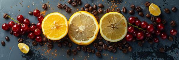 Overhead photo of sliced lemons, red currants, caramel, nutmeg, and coffee beans on a flat surface, photography