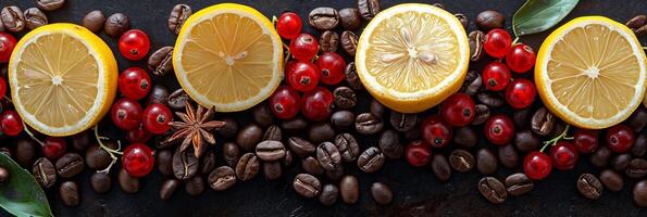 Overhead photo of sliced lemons, red currants, caramel, nutmeg, and coffee beans on a flat surface, photorealistic