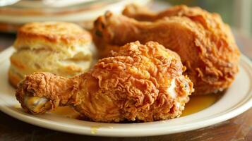 Plate of crispy golden-brown fried chicken with buttery biscuits and honey, photography photo
