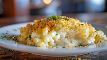 Plate of crispy homemade macaroni and cheese with bubbly golden-brown cheese topping garnished with parsley, photorealistic photo