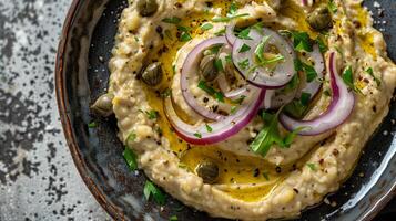 Plate of fava bean dip garnished with sliced red onions capers and a drizzle of extra virgin olive oil, photography photo