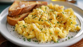 Plate of fluffy scrambled eggs with crispy hash browns and buttered toast, photography photo