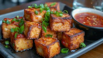 Golden-brown crispy tofu cubes with spicy dipping sauce and green onions, photography photo
