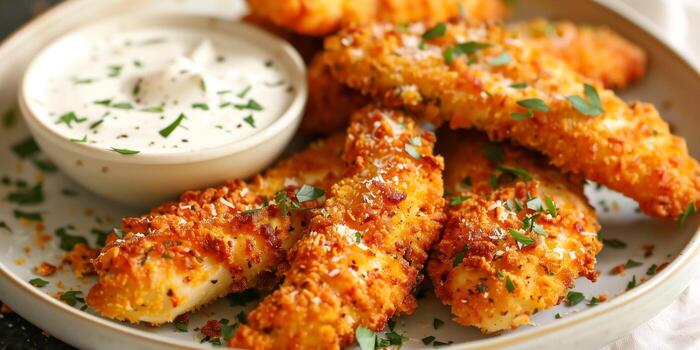 plato de ceto pollo licitaciones empanizado con almendra harina y parmesano queso, con cremoso rancho aderezo, fotografía foto