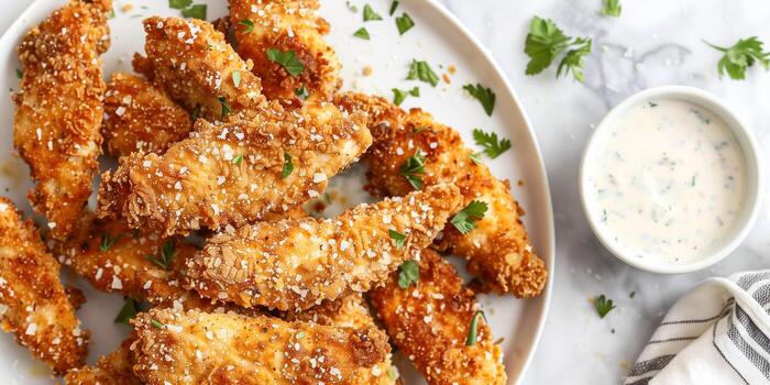 plato de ceto pollo licitaciones empanizado con almendra harina y parmesano queso, con cremoso rancho aderezo, fotorrealista foto