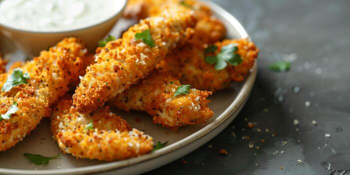 plato de ceto pollo licitaciones empanizado con almendra harina y parmesano queso, con cremoso rancho aderezo, foto