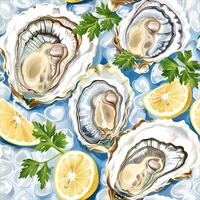 Platter of freshly shucked oysters on crushed ice garnished with lemon wedges and mignonette sauce, photorealistic photo