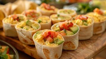 Mini breakfast burritos with scrambled eggs cheese avocado and salsa on a wooden board, picture photo