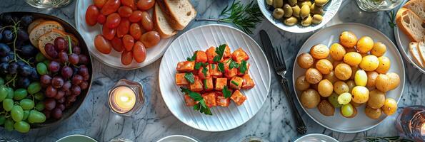 Private dining event with plates of tapas and grapes from a plan view, photorealistic photo