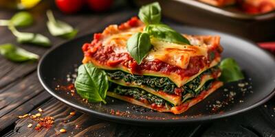 Raw lasagna slice with zucchini, cashew cheese, marinara sauce, and spinach, photography photo