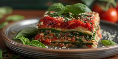 Raw lasagna slice with zucchini, cashew cheese, marinara sauce, and spinach, picture photo