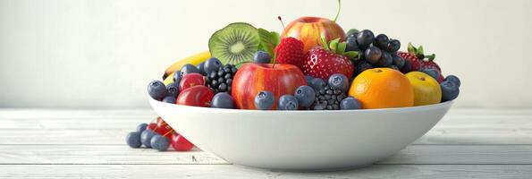 Realistic image of a bowl of fruit on a plain white table, photorealistic photo