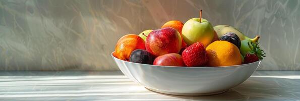 Realistic image of a bowl of fruit on a plain white table, photo