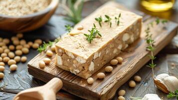 Rectangular block of tempeh with visible soybeans on a wooden cutting board in a kitchen, photography photo