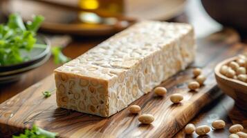 Rectangular block of tempeh with visible soybeans on a wooden cutting board in a kitchen, photorealistic photo