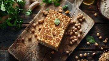 Rectangular block of tempeh with visible soybeans on a wooden cutting board in a kitchen, picture photo