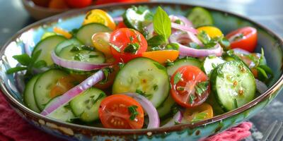 Refreshing cucumber salad with cherry tomatoes, red onions, and vinaigrette, photorealistic photo
