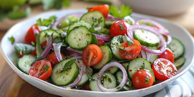 Refreshing cucumber salad with cherry tomatoes, red onions, and vinaigrette, photo