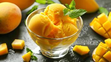 Refreshing dairy-free mango sorbet in a glass bowl garnished with mint and fresh mango slices, picture photo